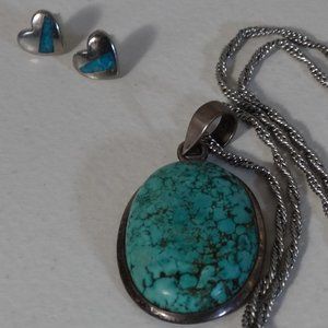 Silver & Turquoise Pendant & Heart Earrings